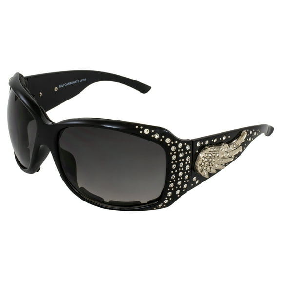 Rodeo Queen Angel Padded Motorcycle Bling Sunglasses for Women Black Frame w/ Bling Rhinestones & Smoke Gradient Lens