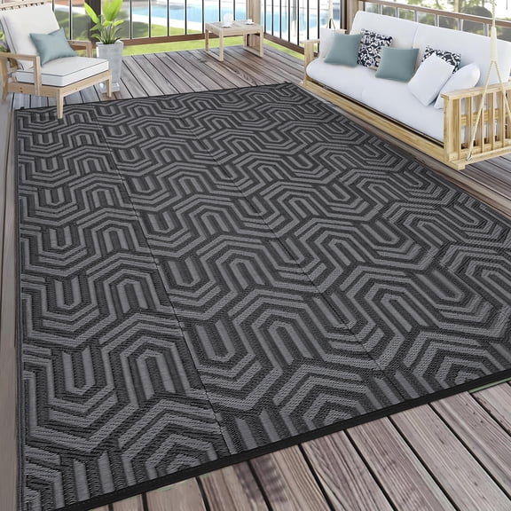 Hasoo 9' x 12' Black/Gray Outdoor Rug for Patio Decor Waterproof Plastic Straw Modern Geometric Carpet PP Tube Woven Portable Camping Mat for Picnic Balcony