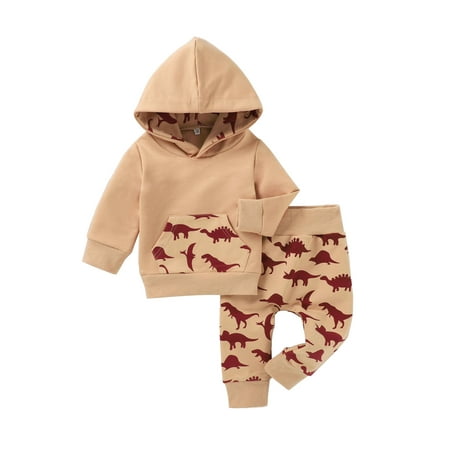 

Calsunbaby Baby Boys Casual 2Pcs Clothes Set Dinosaur Print Long Sleeve Pocket Hooded Pullover Elastic Waist Trousers Outfits