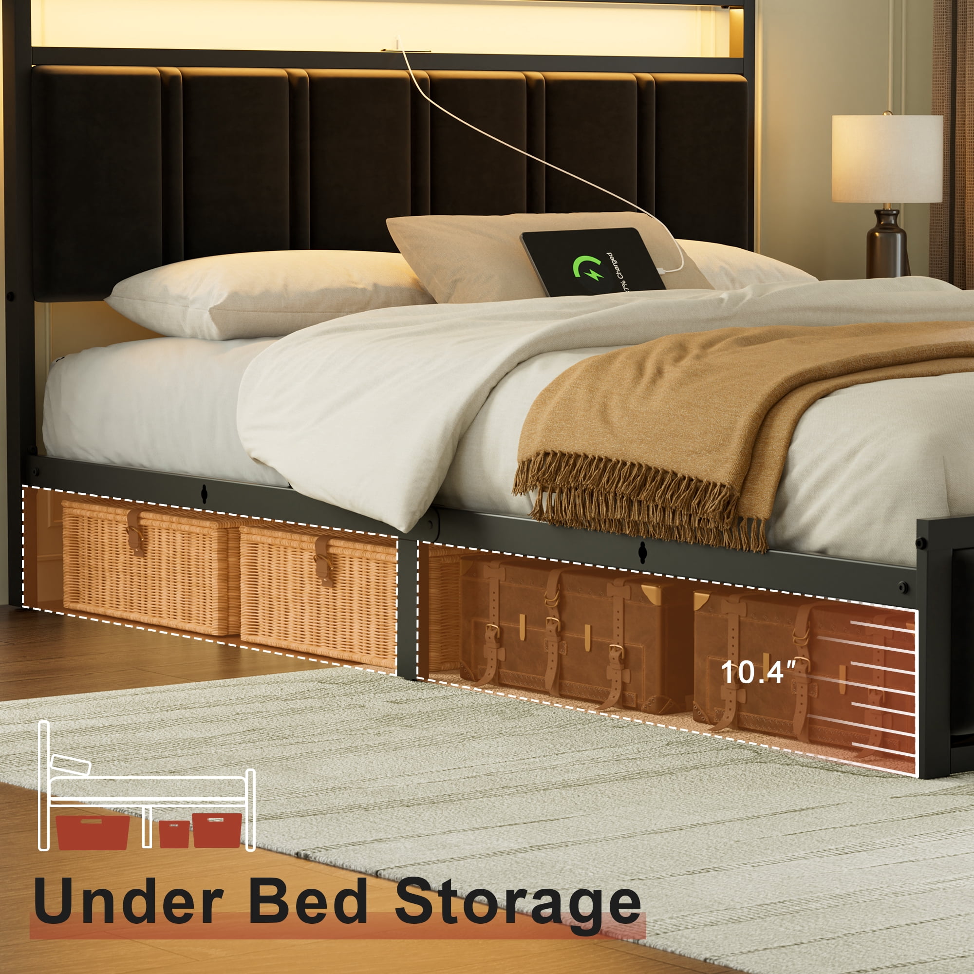 GUNAITO Queen Bed Frame with Headboard, Platform Bed with 2 Drawers, Velvet Upholstered Bed Frame with LED Lights & Charging station，Black