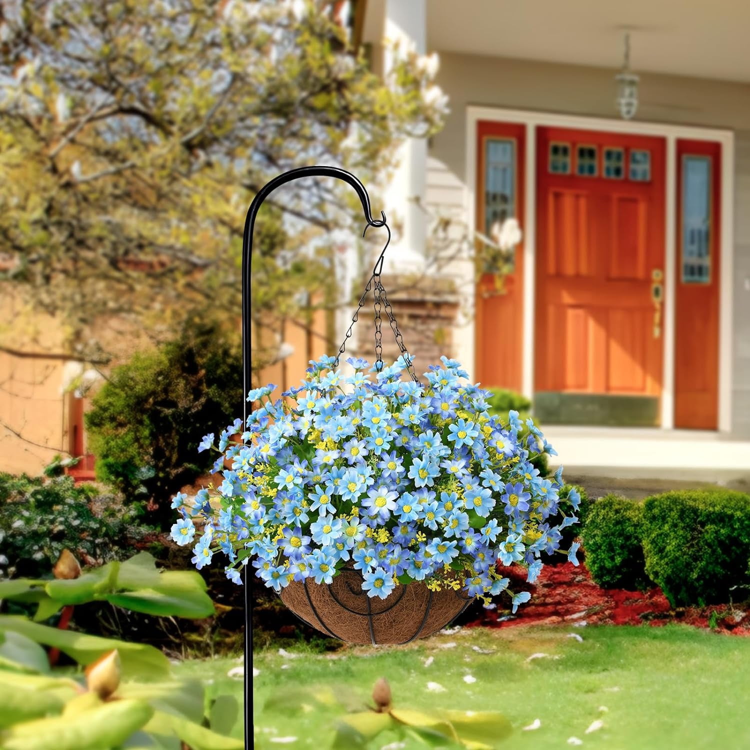 Artificial Hanging Flowers in Basket,Fake Daisy Plants Arrangement,inch Coconut Lining Basket Hanging Plant,Outdoor Indoor Patio Lawn Garden Porch Spring Decor (Dark Purple)