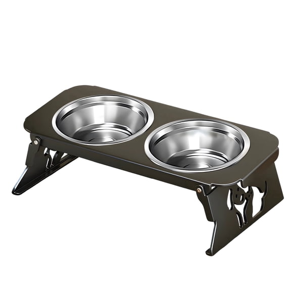 Elevated Cat Bowls, Foldable Double Bowls, 10° Tilted Stainless Steel Food and Water Dishes, Carbon Steel, 12.4 x 5.3 x 3.4 in / 31.5 x 13.5 x 8.7 cm, Black