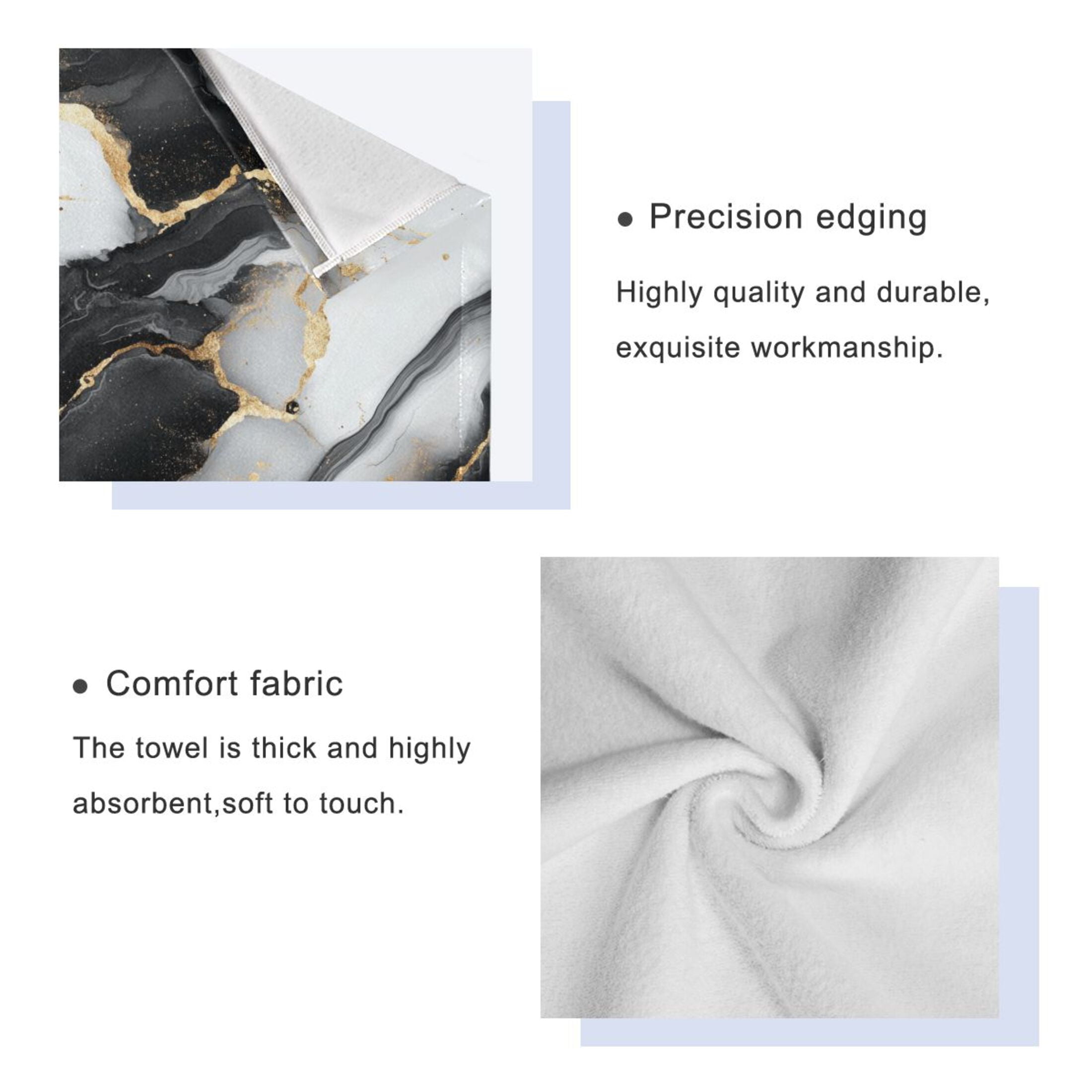 WOBOGO Gilt Black Veined Marble Ultra Soft 3 Pack Cotton Towel Set Includes 60 x 30in Bath Towel 28 x 16in Face Towel and 13 x 13in Small Square Towel for Everyday Use Lightweight and Compact