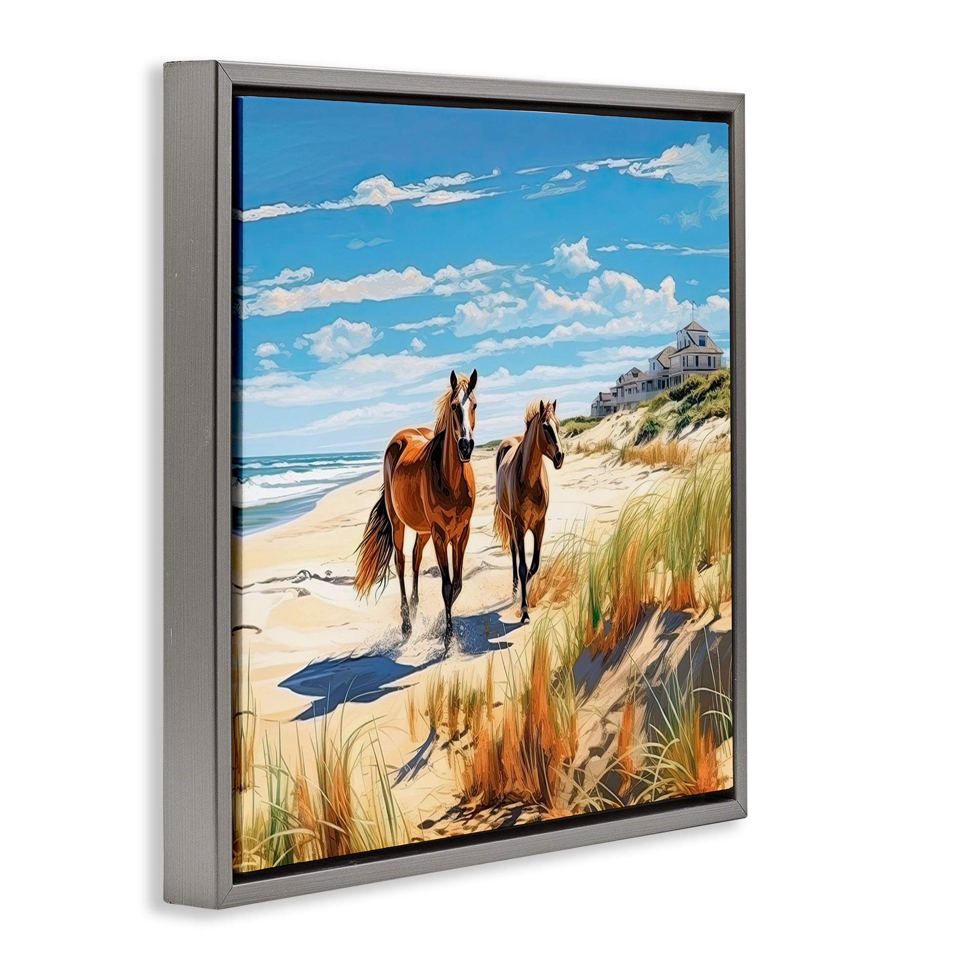Stupell Industries Galloping Beach Horses Coastal Painting Gray Floater Framed Canvas Art Print Wall Art, 25 x 25