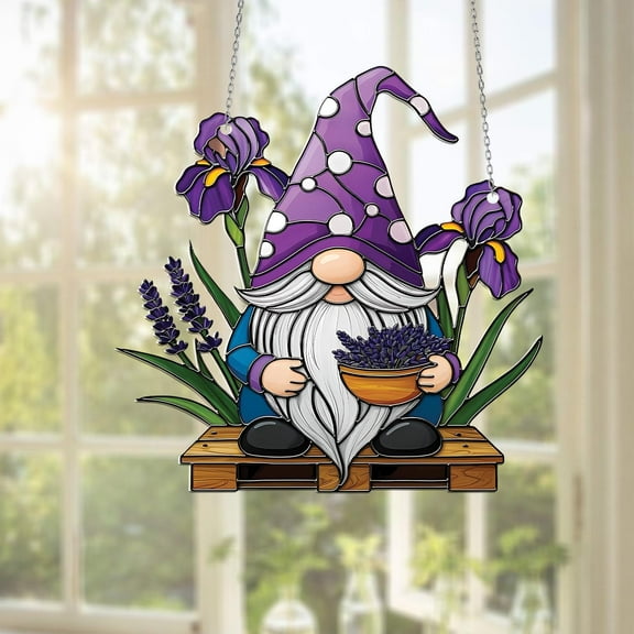 Lavender Gnome Acrylic Suncatcher, Garden Window Ornament for Car or Home Decor