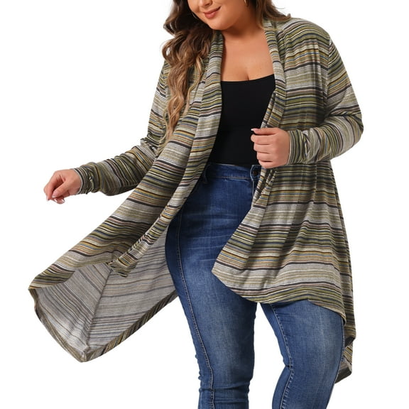 DARING DIVA Plus Size Long Sleeve Open Front Knit Stripe Cardigan 1X Green