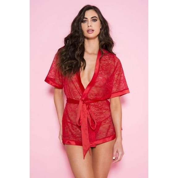 Lace short sleeve kimono robe with waist belt - Style: 60100-RED