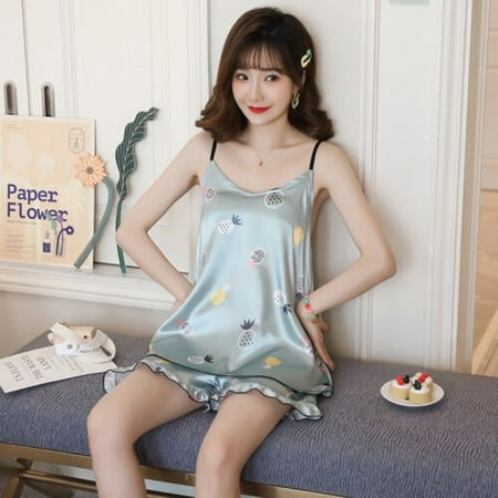 

DanceeMangoo WAVMIT Summer Sleepwear Set New Thin Silk Sling Shorts Dee Sexy Pajama Set Sling Womens Home Cloth Print Pyjamas with Chest Pad