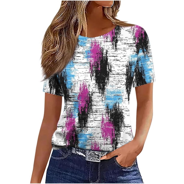 Camiseta de Manga Corta de Verano para Mujeres Delgada Moda Casual Impresa No Estructurada Cuello Redondo Mujer Manga Corta Tops Casual