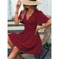 thumbnail image 6 of Women'S Ruched V Neck High Waist Casual Short Sleeve A-Line Dress Wine Red XL, 6 of 9