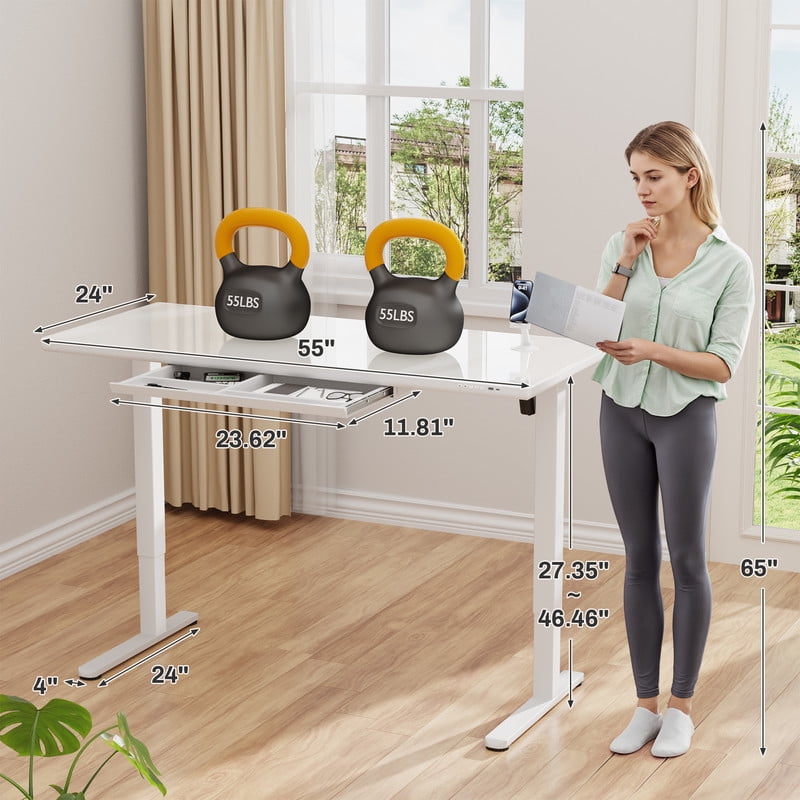 Homall 55" x 24" Glass Top Electric Standing Desk with Drawer, Height Adjustable Desk with Phone Stand & Charging Ports, Sit Stand up for Home Office,White