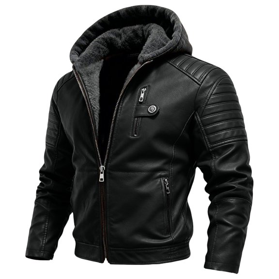 yuCgh Men's Casual Fashion Solid Color Leather Jacket with Zipper Hood, Stylish Biker Jacket for Everyday Use,Black L