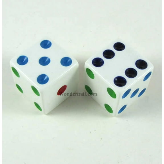 White Opaque Dice with Different Colored Pips D6 25mm (1in) Pack of 2 Koplow Games