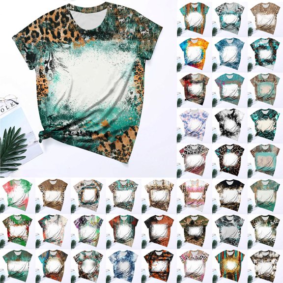 Jewelreauty Women Casual Tie-Dye Short Sleeve Shirts Round Neck Leopard Print Tops Summer Trendy Tunic Tee (S, Green)