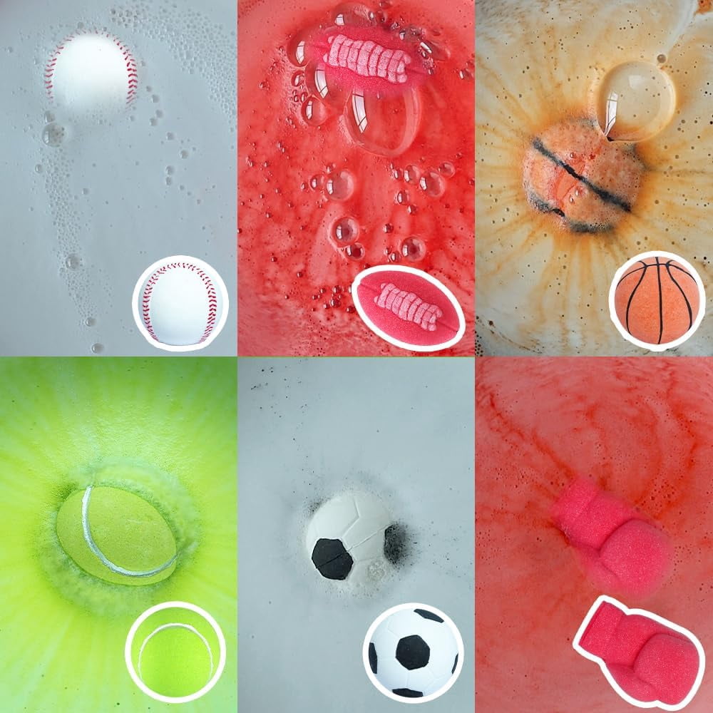 HZEX Large Organic Bath Bombs with 6 Different Sports Themes, 6 Various Bathbomb Scents for Men Boys Women Kids, Natural Paraben Free Bath bomb with Essential Oils