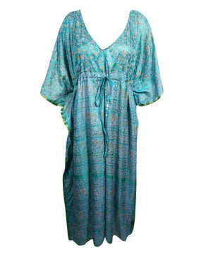 Mogul Women Caftan Maxi Dress, OCEAN BLUE Printed Kaftan Dress, Cover Up, Beach Dress, Resort Wear Caftan 2X