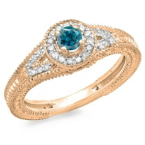0.50 Carat (ctw) 14K Rose Gold Round Blue & White Diamond Ladies Split Shank Bridal Vintage Halo Style Engagement Ring 1