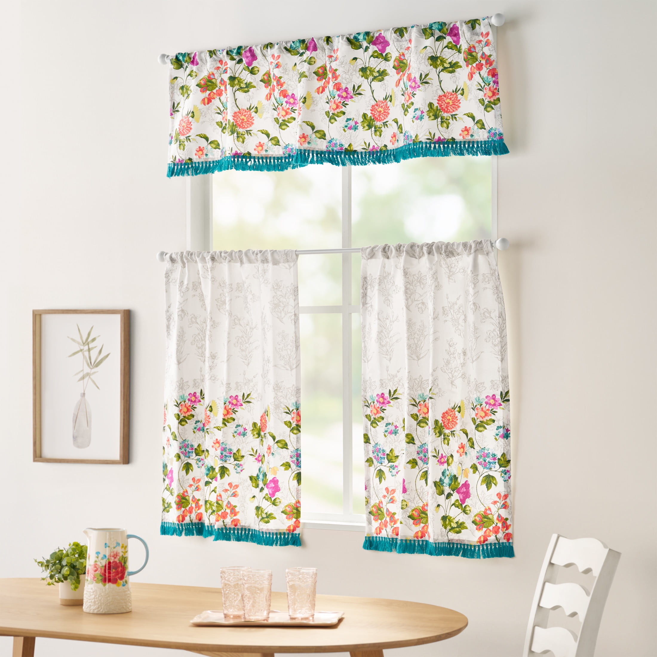 The Pioneer Woman Blooming Bouquet 3 Piece Tier Set, Multi, Recycled Polyester, BCI Cotton, 60"W x 14"L, Indoor Curtain, Adult