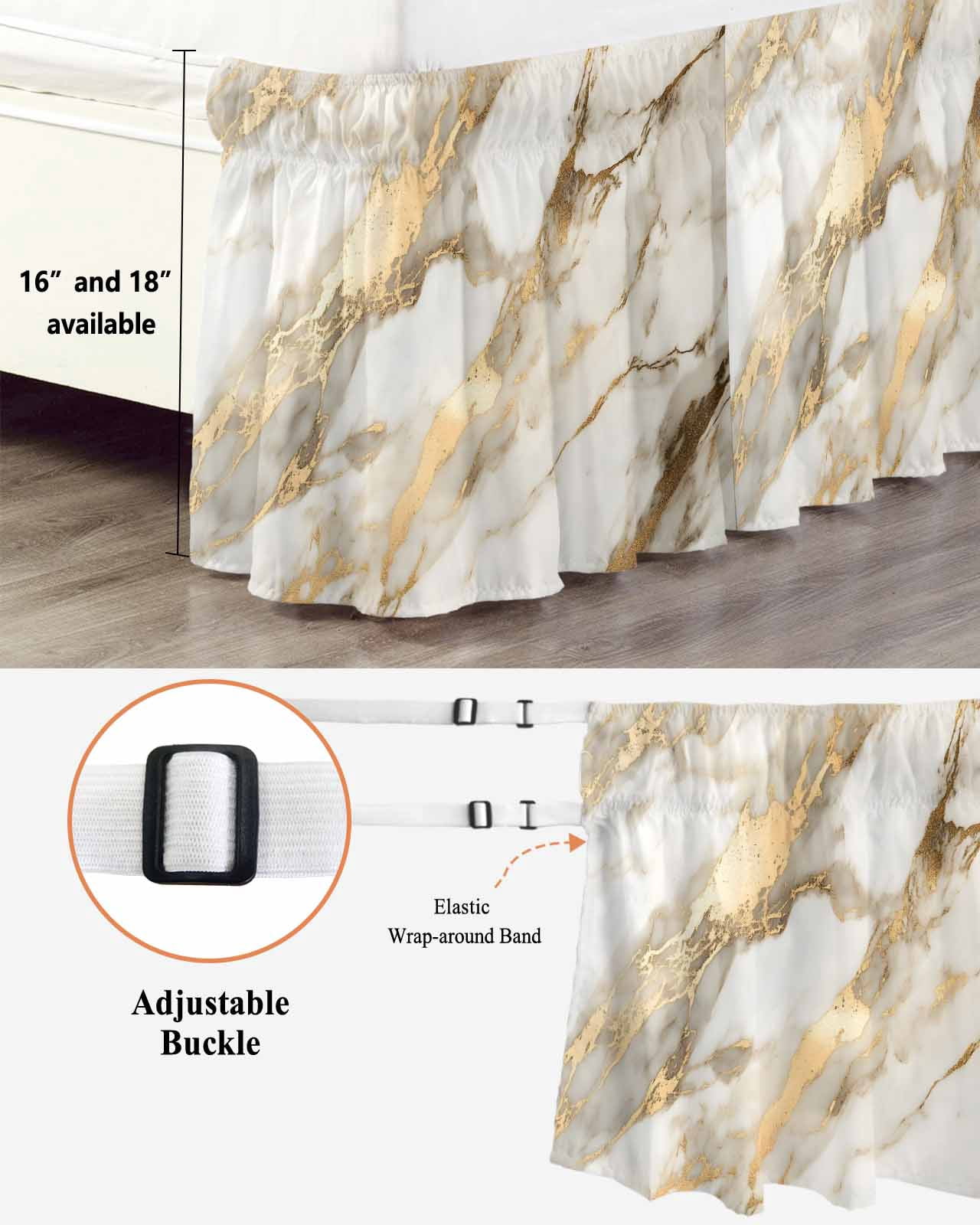 Marble Gold Wrap Around Bed Skirts for Queen Bed 16" Drop,Bed Skirt with Adjustable Elastic Belt Dust Ruffle Bed Valance for Bedroom Hotel Abstract Luxury Wave Gold Marbling Modern Bed Frame Cover