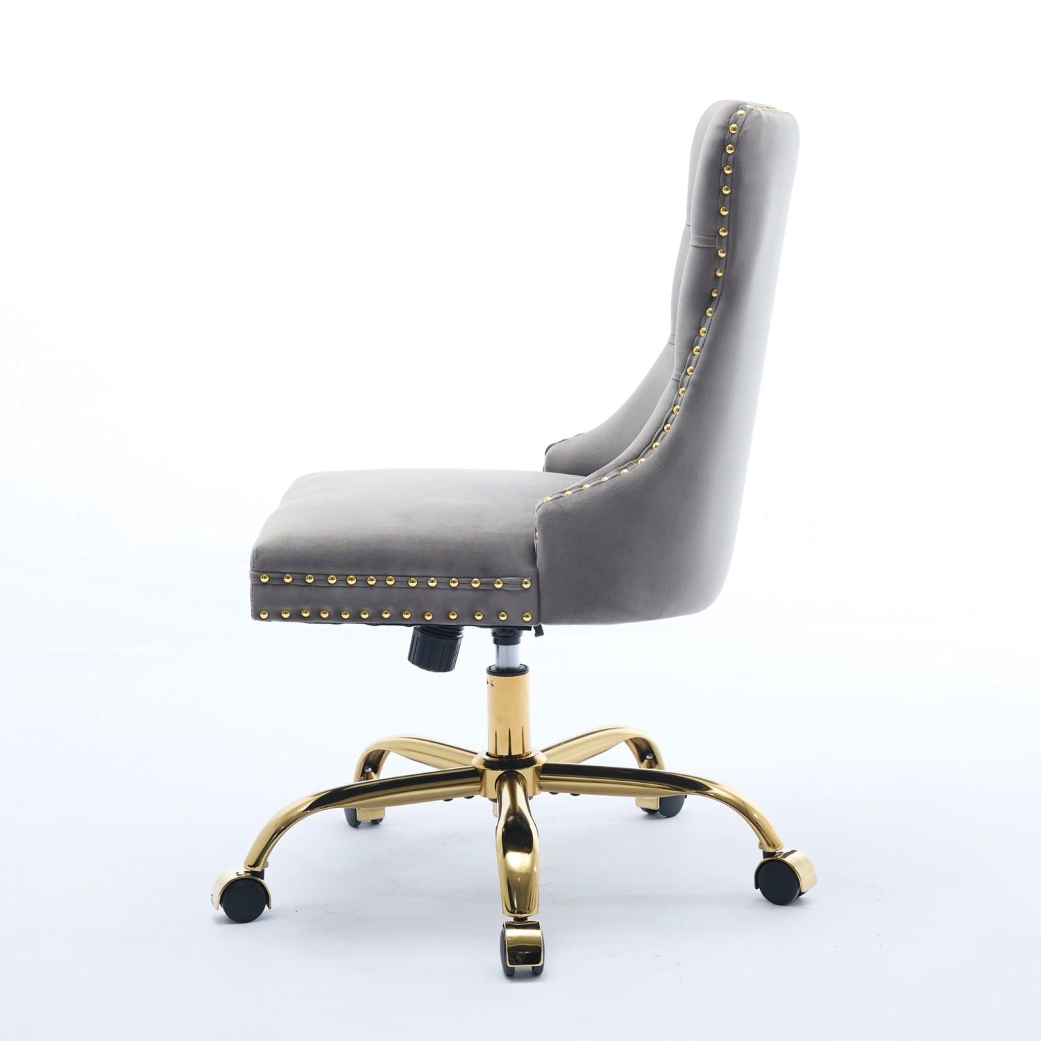 Modern Velvet Upholstered Ergonomic Office Chair with Tufted Button Design & Shiny Gold Base – Perfect for Home Office & Gaming Room Comfort (Gray)