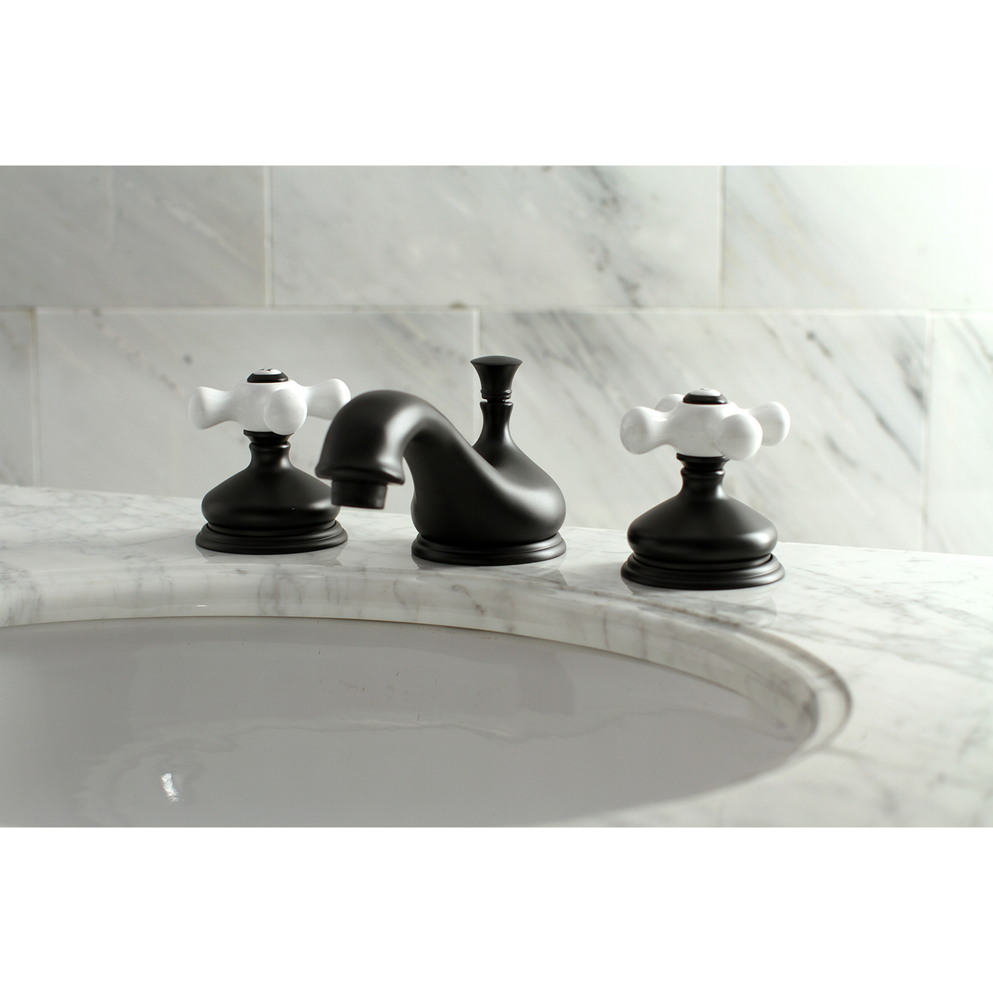 Kingston Brass KS1160PX Heritage Two-Handle 3-Hole Deck Mount Widespread Bathroom Faucet with Brass Pop-Up in Matte Black