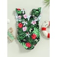 thumbnail image 4 of Blotona Toddler Baby Girls Summer Bikini Jumpsuit Cartoon Dinosaur Flamingo Leaf Print Ruffled Sleeveless Round Neck Swimsuit, 4 of 9