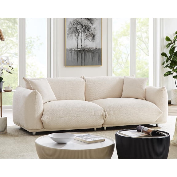 85.8" Modern Boucle Cloud Sofa Couch, 3 Seater Sofa with Solid Metal Legs, 23.6" Extra Deep Seat Couch Upholstered Loveseat Sofa with 2 Throw Pillows for Living Room, Office, Bedroom (White)