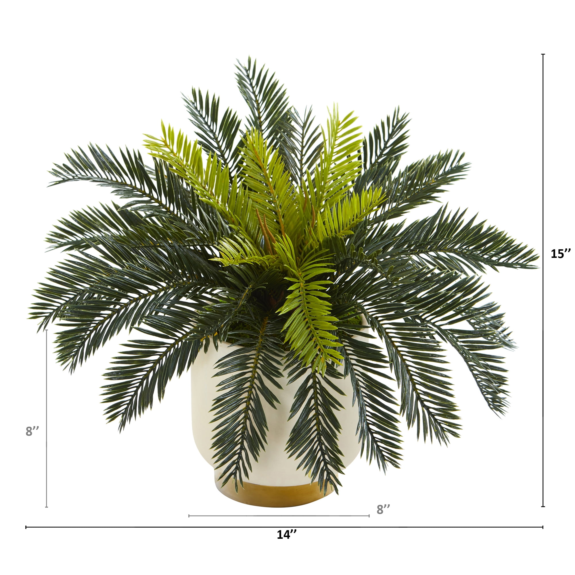 Nearly Natural 15" Plastic Cycas Artificial Plant in Cream Planter with Gold Base