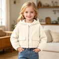 thumbnail image 2 of Y-Sunset Girls Solid Corduroy Hooded Zip Up Jacket, Elastic Hem Cropped Toddler Outerwear， Wind Resistant Kids Coat for Fall Daily Outdoor Travel Camping Wear(Beige/12-13 Years), 2 of 7
