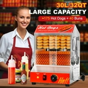Akaber 32QT Hot Dog Steamer with Sliding Door and Clip, 2-Tier for 175 Hotdogs and 40 Buns, 32℉-185℉ Temp Control, 1000W