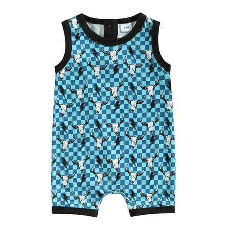 

Infant Baby Boys Romper Cow Head/Cowboy Hat Print Sleeveless Jumpsuits Summer Newborn Bodysuits