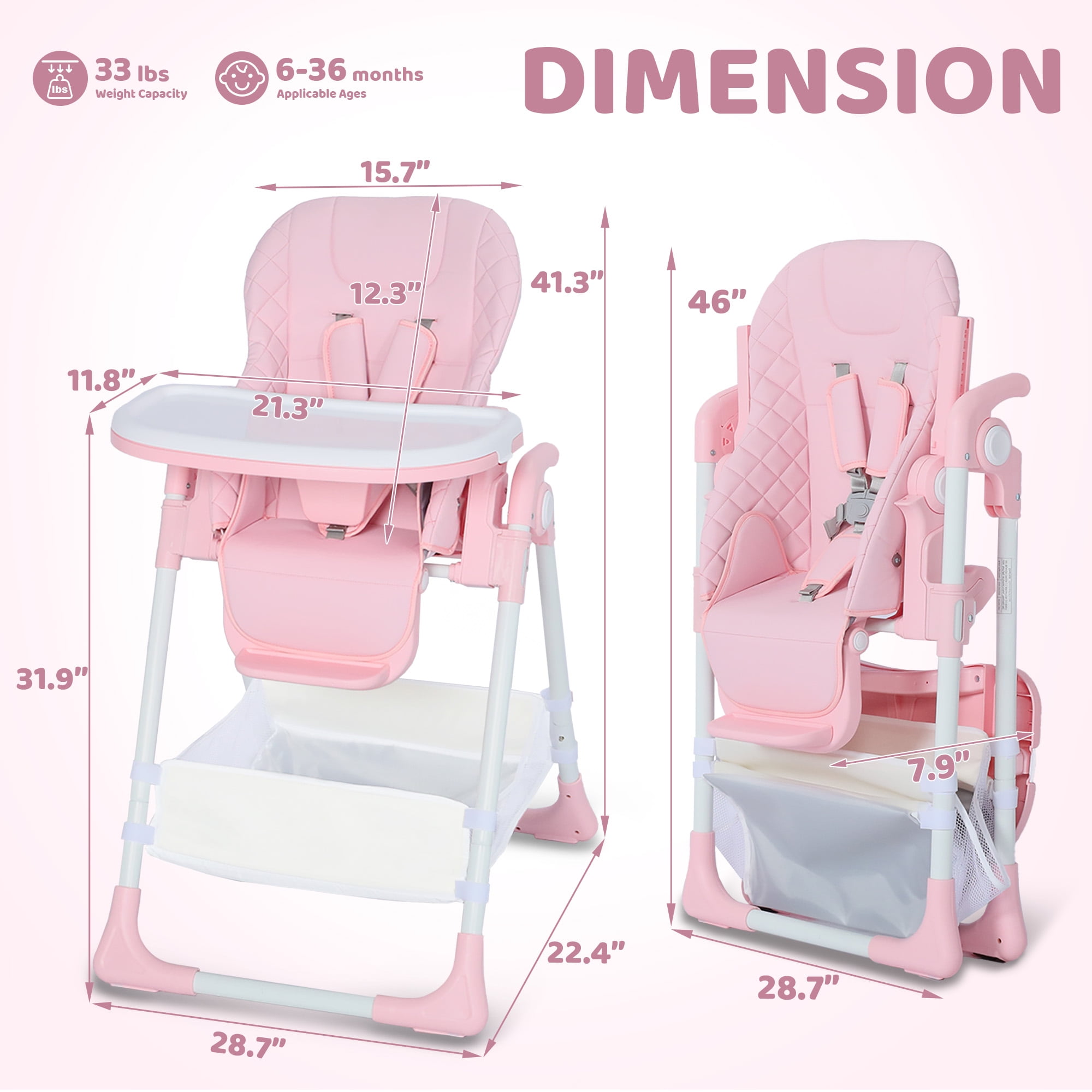 AILEEKISS Foldable Baby High Chair with Wheels, Adjustable Recline Toddler Eating Chair, Pink