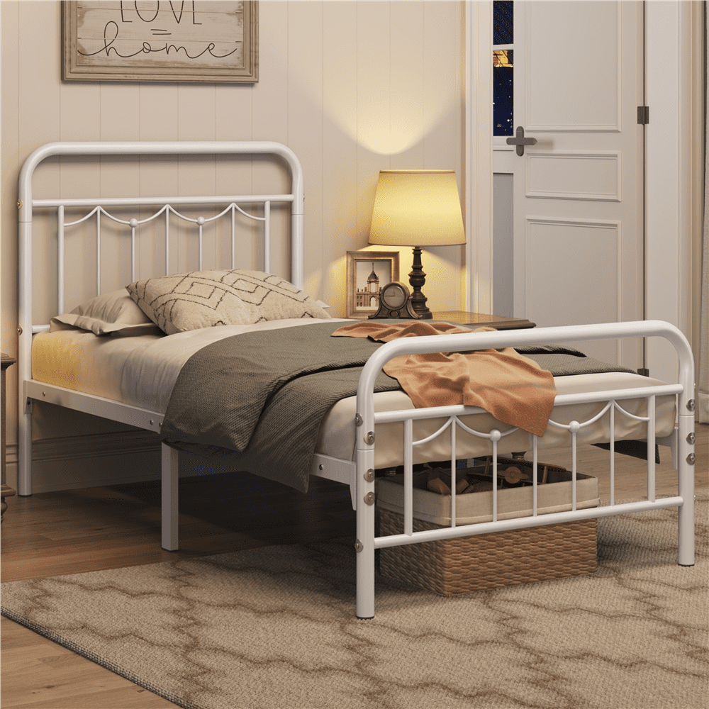 Alden Design Metal Platform Bed with Vintage Headboard and Footboard, Twin, White, Adult