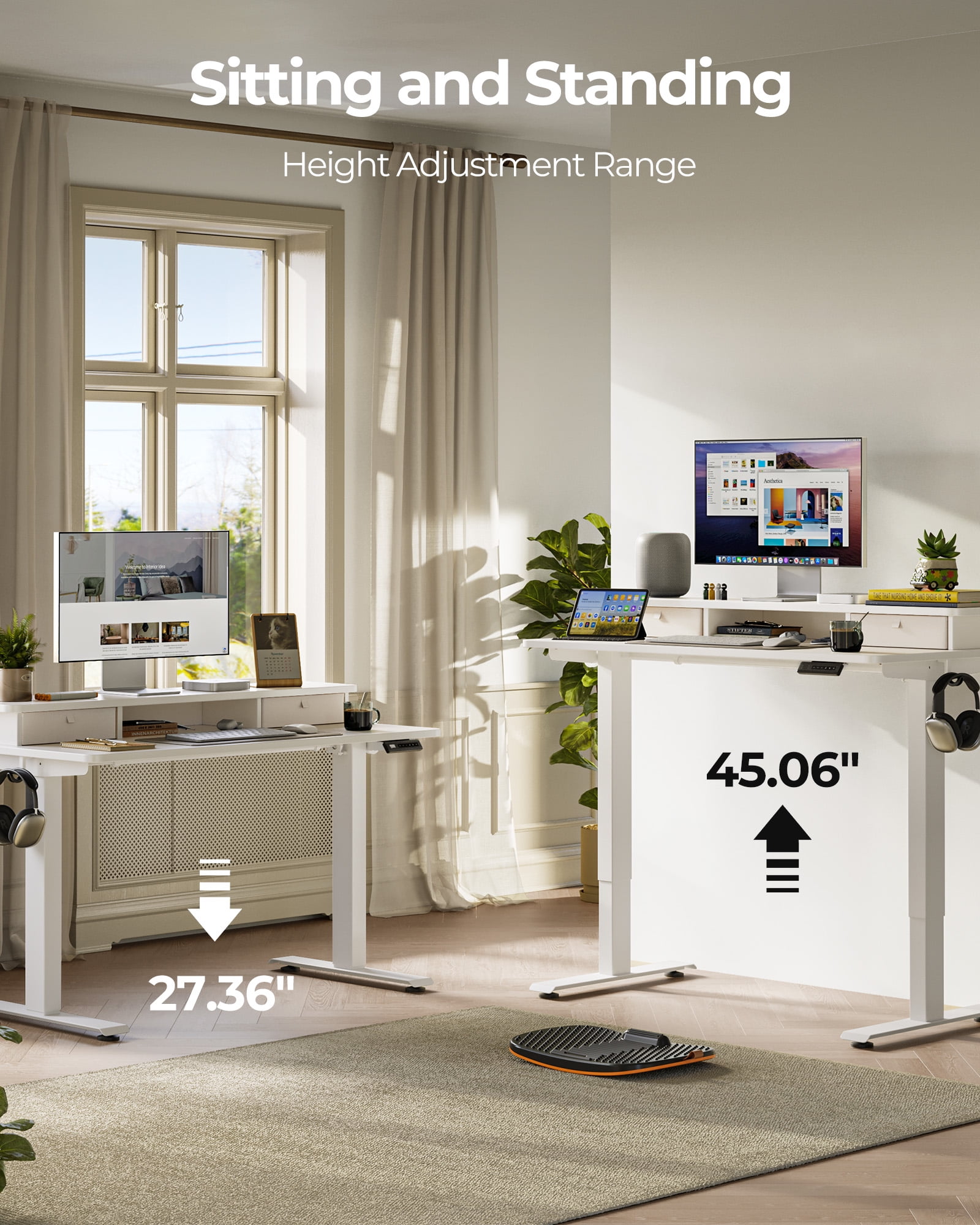 DESINO 63" x 28" Height Adjustable Electric Standing Desk with Double Drawers, Stand Up Desk with Storage Shelf, Home Office Desk Workstation with Splice Board, White