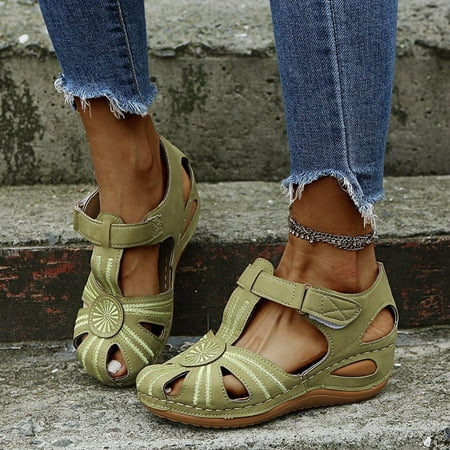 

YOTAMI Womens Hollow Out Comfy Sandals Slide Slope Heeled Beach Casual Shoes Green 7.5