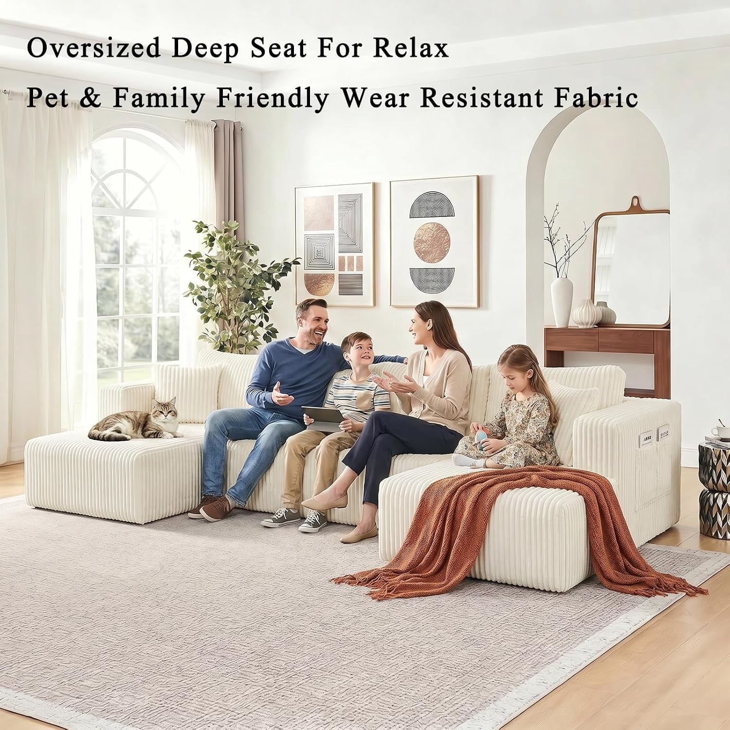 Howcool 132" U-Shaped Modular Cloud Couch Sectional Sofa, Oversized Deep Seat Corduroy Couch with Double Chaise, Boneless Memory Foam Sleeper Sofa Bed, No Assembly Required, Beige