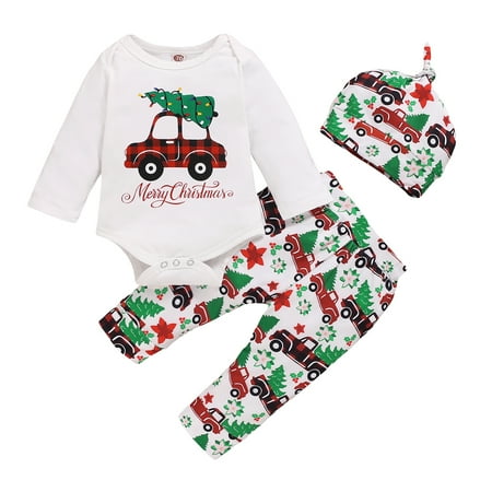 

KIMI BEAR Newborn Boys Romper Set 3 Months Boy Fall Winter Clothes 6 Months Boy Christmas Cartoon Car Print Long Sleeve Jumpsuit Pants Hat 3PCs Set White