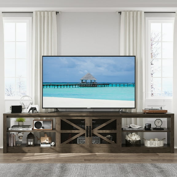 Lumiinofami TV Stand for TVs up to 90", Farmhouse Barn Door TV Consoles with LED Lights for Living Room, TV Entertainment Center with Storage, Oak Gray