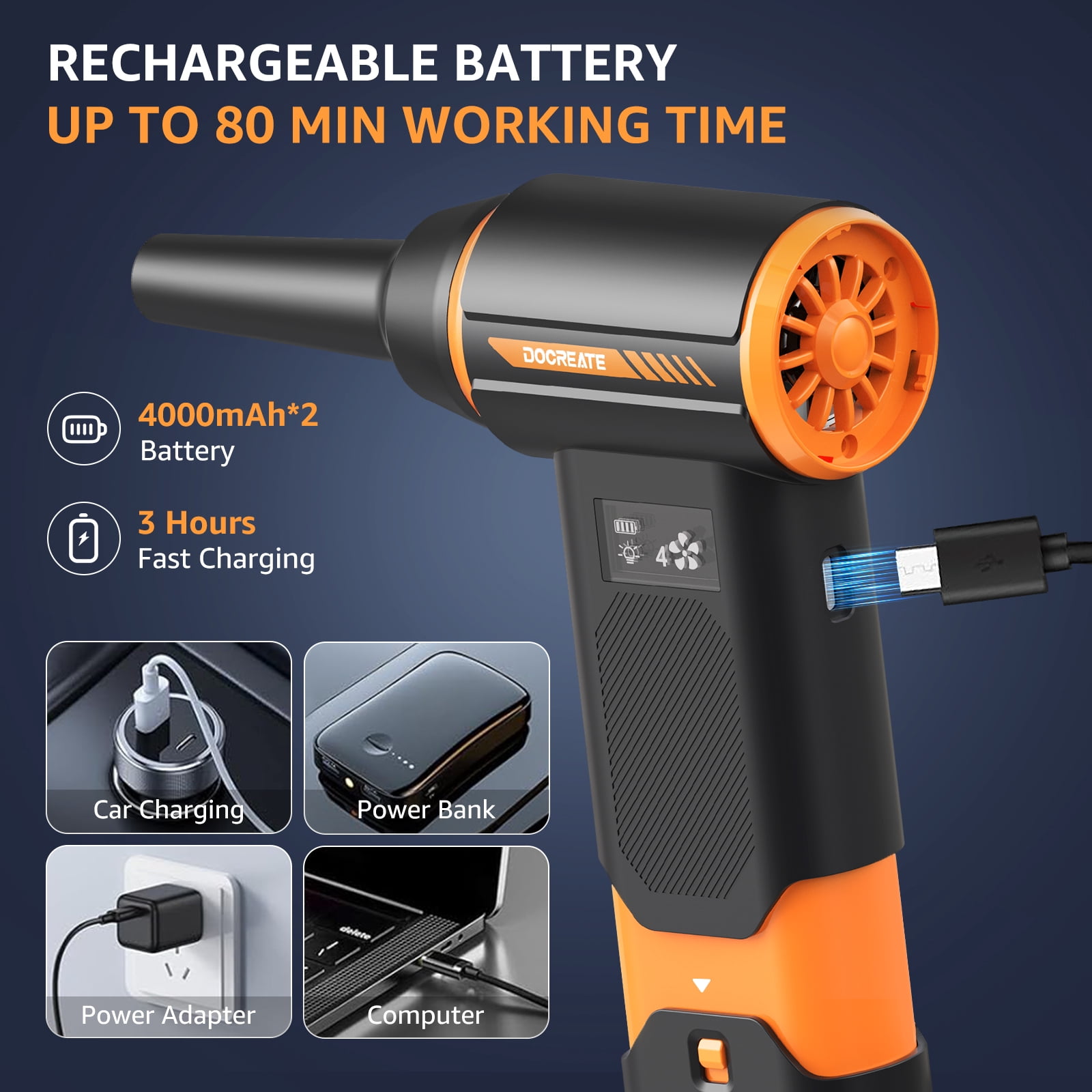Nogroa Compressed Air Duster, 130000RPM Air Duster and Vacuum 2 in 1, Rechargeable Mini Blower with LED Light, 4 Gear Adjustable Cordless Electric Air Duster for Keyboard/Car/Outdoor & House