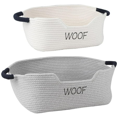 Brabtod 2 Pack Dog Toy Baskets Pet Rope Basket with Handles Dog Toy Bin for Cat & Puppy Toys Storage Basket for Dog Stuff Leash Collar Nurse Supplies Woof Puppy Bed Organizer