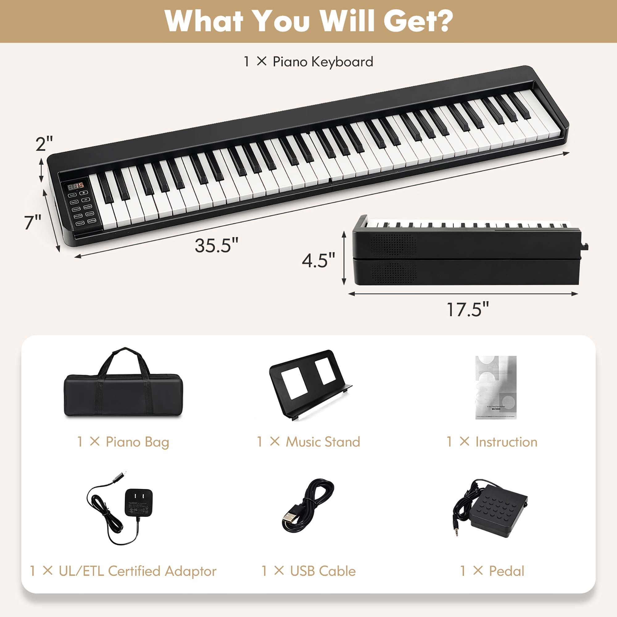 Gymax 61-Key Folding Piano Keyboard Portable Electric Piano w/ Full Size Keys Music Stand