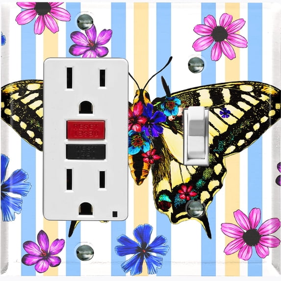 Metal Light Switch Plate Cover Unique Floral Butterfly Yellow Blue Stripes BUT006