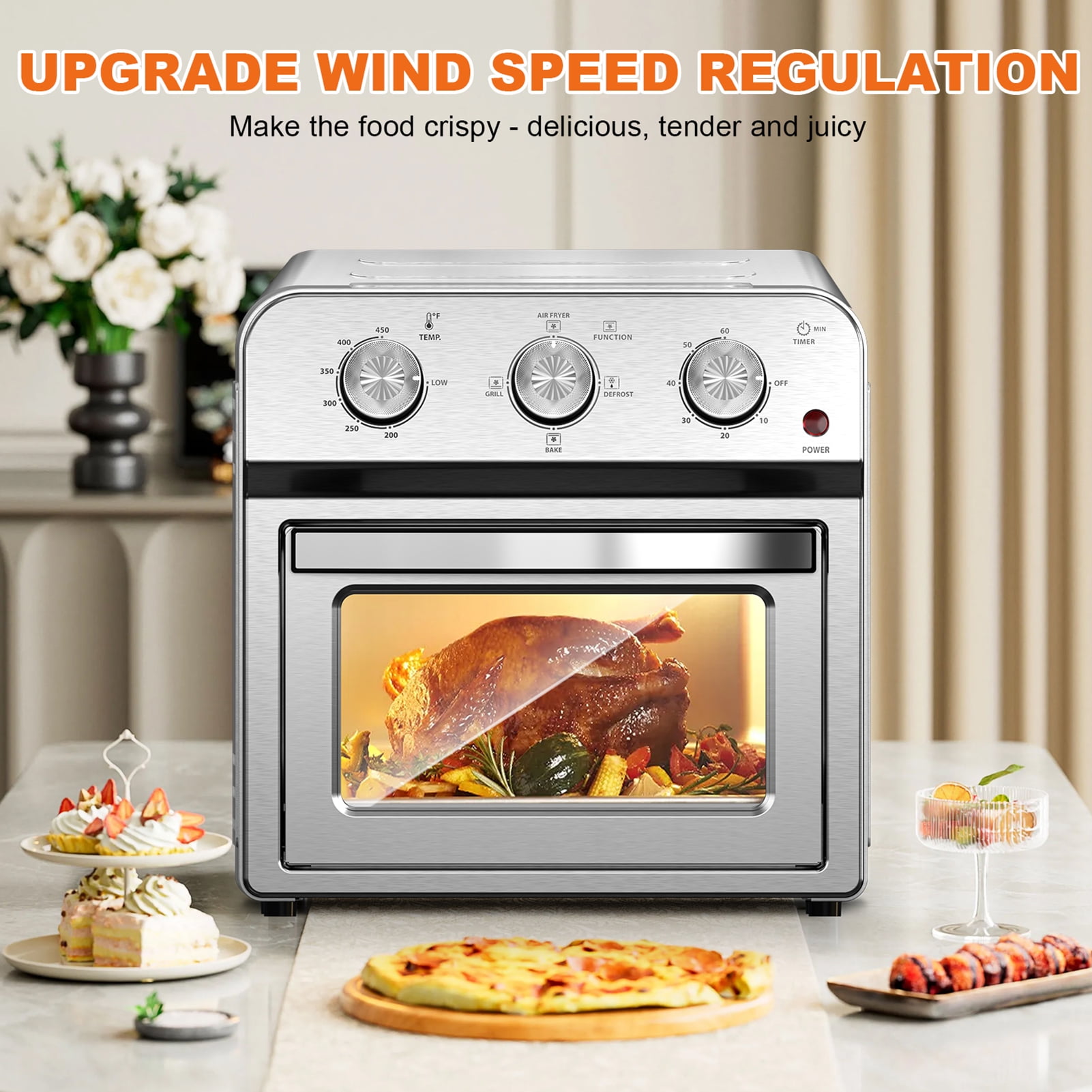 Family Size Air Fryer Toaster Oven Combo, 13QT, 360° Hot Air Circulation, Multifunctional Convection Countertop Oven, Stainless Steel, Silver