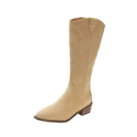 

Lovskoo 2024 Women s Knee High Boots Faux Suede Chunky Stacked Heel Pointed Toe Oversized Back Zipper Boots Non-Slip Boots with Thick Heels Khaki