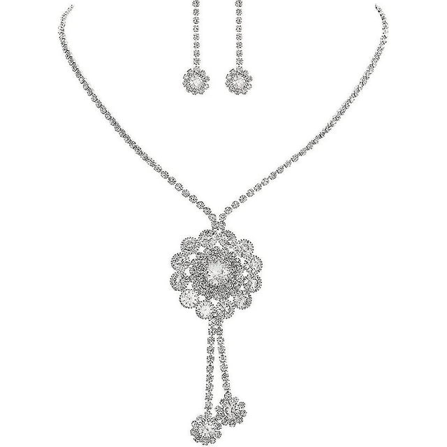 Conjunto de joyería nupcial con collar y pendientes colgantes en plata y cristal para mujeres y niñas.