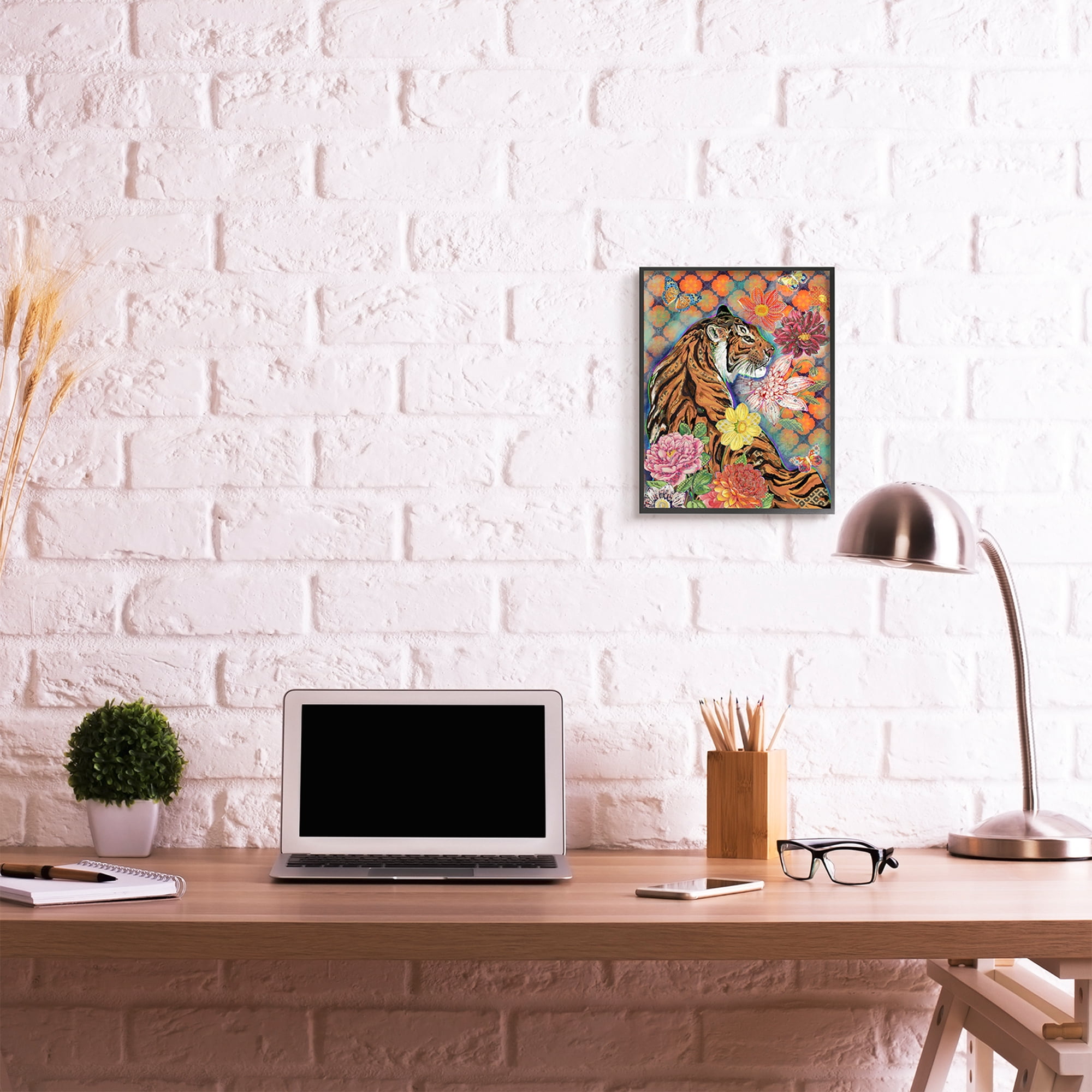Stupell Industries Jungle Tiger Cat Over Orange Arabesque Floral Pattern Black Framed, 11 x 14, Design by Sangita Bachelet