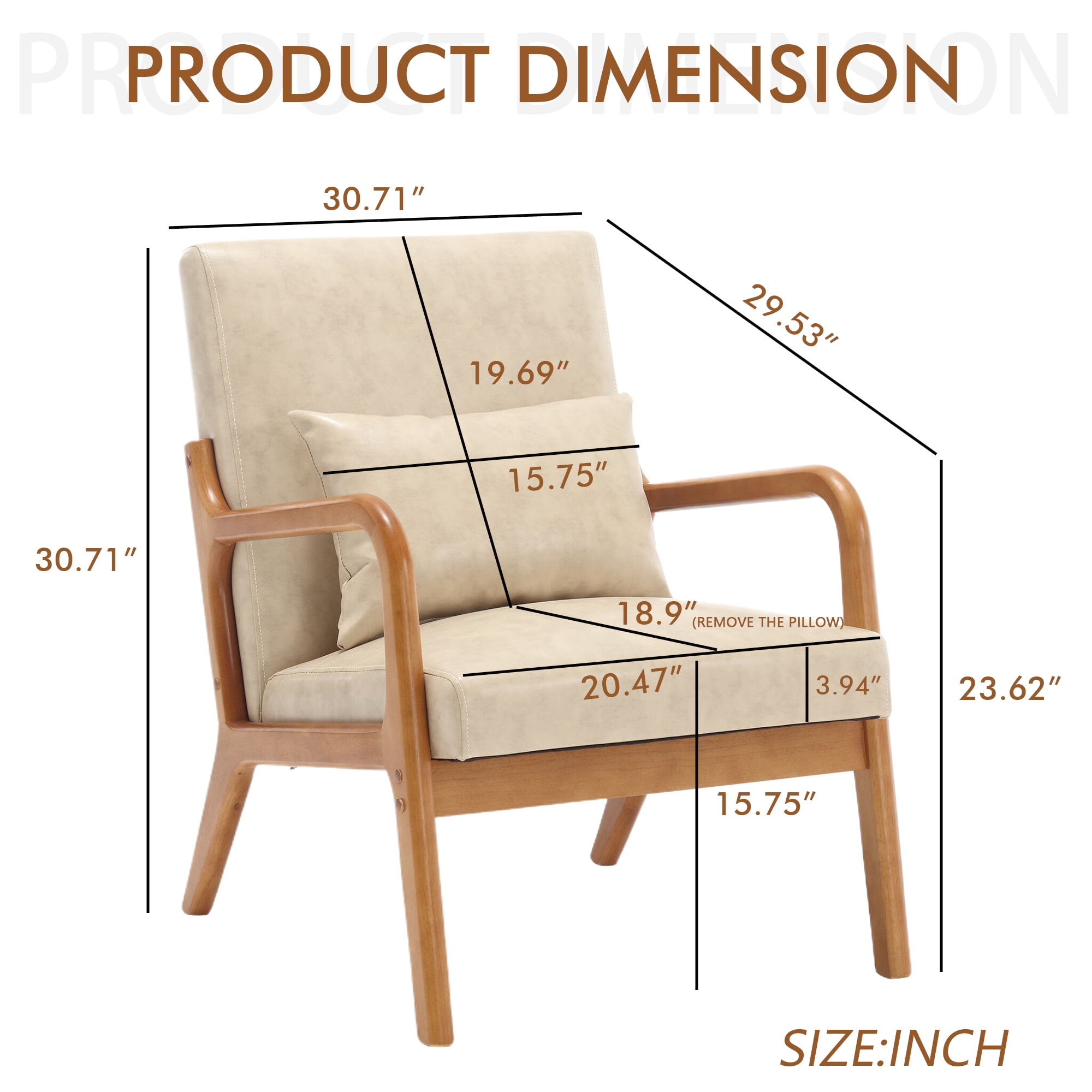 Miniyam Modern PU Leather Accent Chair, Solid Wood Lounge Reading Armchair With One Pillow for Living Room, Bedroom, Guest Room, Khaki