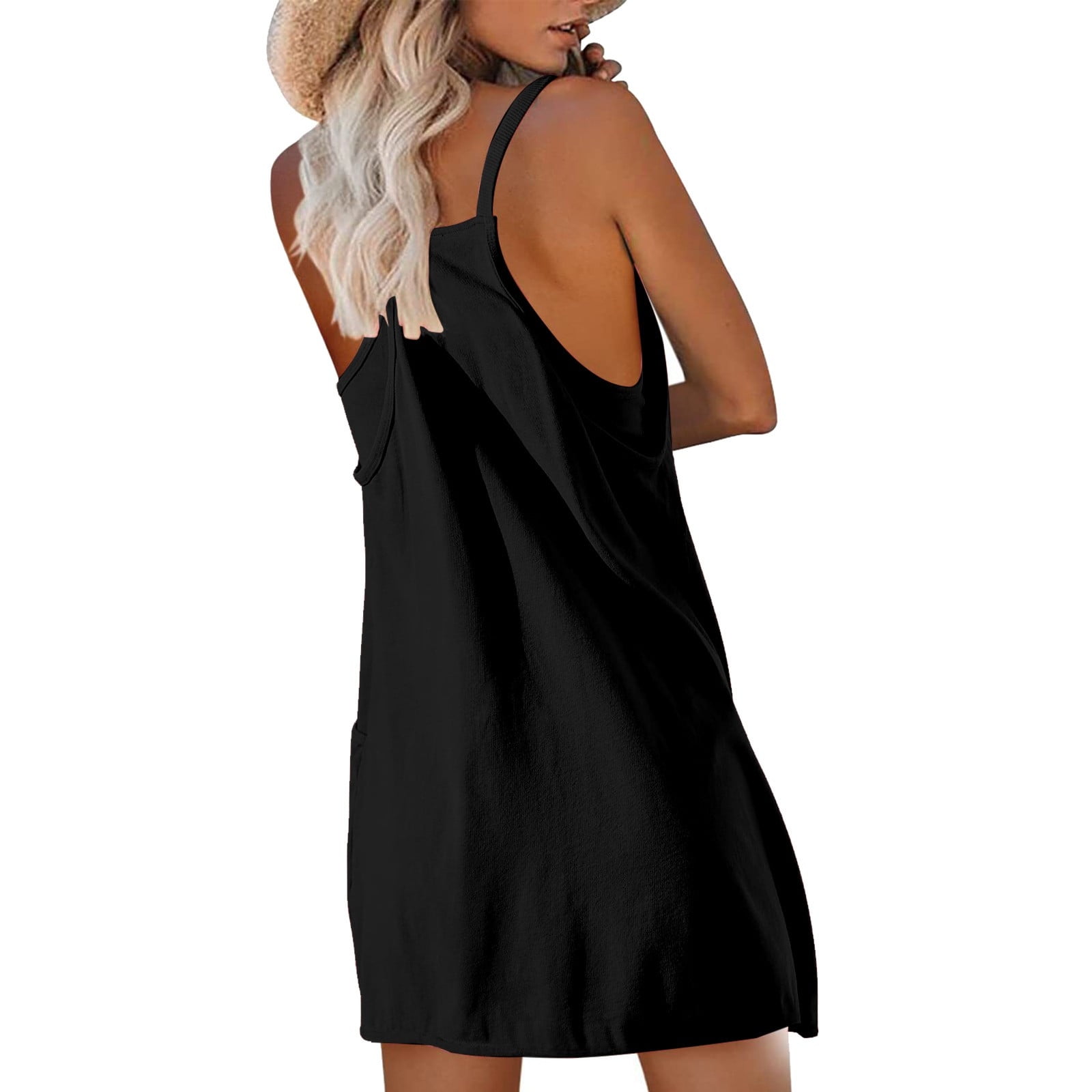 Dress for Women Mini Dress Sleeveless Onesie Casual Loose Fit Romper Built-in Shorts Summer Beach Jumpsuits with Pockets