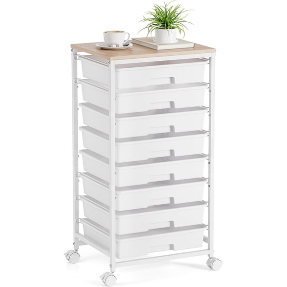 Carrito de almacenamiento TOOLF de 8 cajones con tapa de madera blanca
