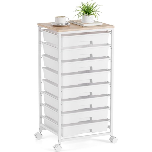 Carrito de almacenamiento TOOLF de 8 cajones con tapa de madera blanca